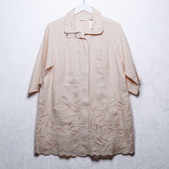 CHICOS Linen Eyelet Lace Zip Up Lightweight Jacket Blush Pink Sz 2 US L/12 - Picture 1 of 8